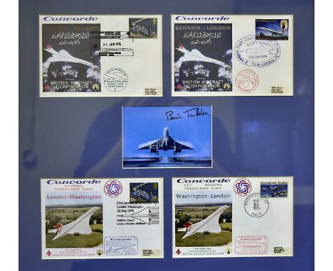 A framed set of four Concorde related First Day Covers, with a photograph of Concorde bearing black signature for Brian Trubs