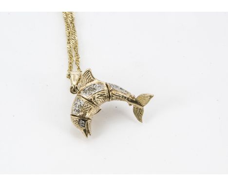 A modern 9ct gold and diamond set dolphin pendant, having jointed body set with brilliant and eight cuts, presented on a 9ct 