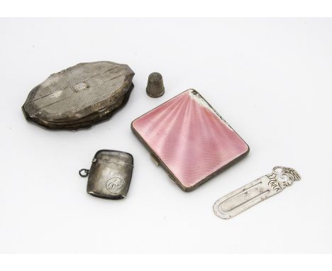 An Art Deco silver compact, together with a similar age lady's cigarette case with pink guilloche enamel, damaged, a silver v