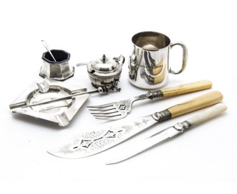 A collection of Georgian and later silver and silver plated items, including a Victorian silver sauce ladle, several George I