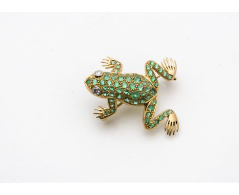 A fine modern 18ct gold and gem set frog brooch, the naturalistic amphibian encrusted with emeralds and having brilliant cut 