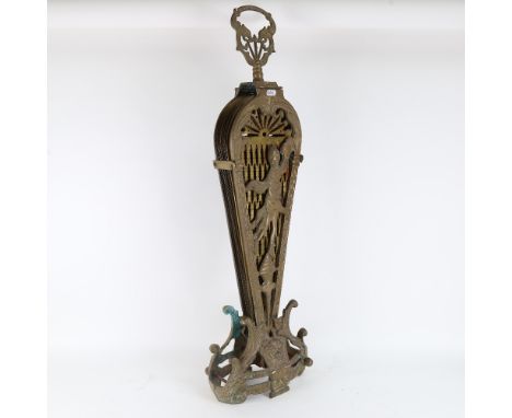 A Victorian brass peacock firescreen, with Geisha girl decoration, overall height 85cm 