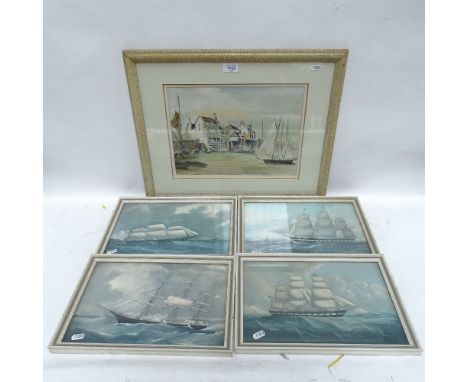 Rowland Hilder, Watercolour, "The Prospect of Whitby Pub" and 4 maritime prints of US ships (5) 