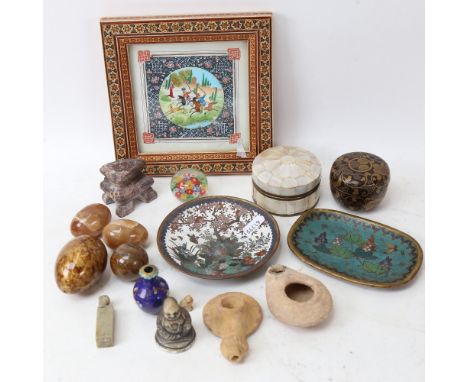 Various collectables, including cloisonne enamel dishes, mother-of-pearl and brass box, hardstone eggs etc (boxful) 