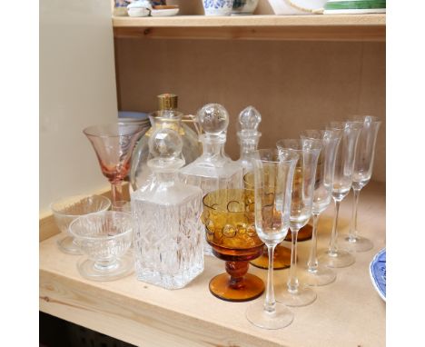 Various glass, including dimple Scotch Whisky bottler and a stand, 2 square decanters and stoppers, unmarked, sundae bowls et