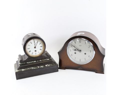 An early 20th century slate and green marble drum mantel clock, and a Vintage Smiths Enfield mantel clock (2) 