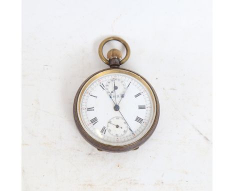 A Vintage gun metal-cased open-face top-wind doctor's  chronograph pocket watch, Roman numeral hour markers  with sweep centr