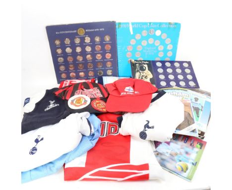 Various football and sporting related memorabilia, including Albion programmes, coins and scarves (boxful) 