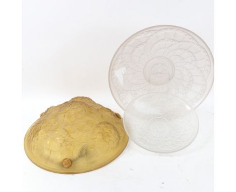 A Vintage French moulded yellow glass ceiling light bowl, and a graduated pair of French frosted glass bowls, by J Landier, l