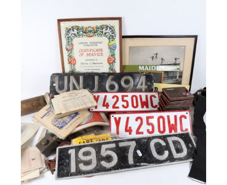 RAILWAY AND TRANSPORT INTEREST - 4 Vintage motorcar licence plates, railway luggage labels, enamel "Maiden" sign, Wee-Dex But