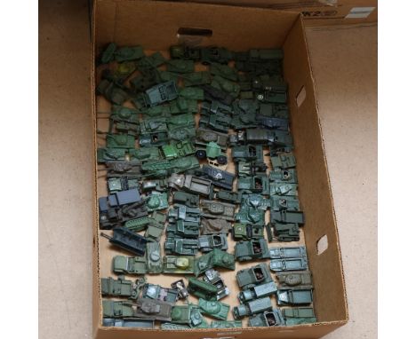 A large quantity of Vintage diecast military toy vehicles and tanks, including Corgi and Lesney (boxful) 