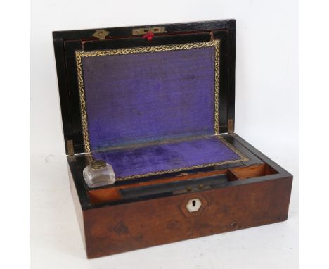 A 19th century walnut dome-top travelling folding writing slope, with mother-of-pearl inlay, W35cm, H13.5cm, D23cm 