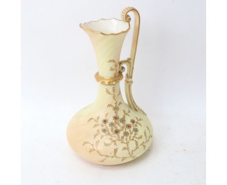 A Royal Worcester China Works ivory porcelain ewer, painted and gilded floral decoration, height 21cm 