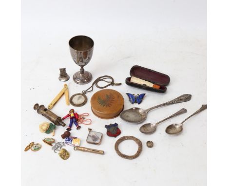 Various collectables, including silver spoons, boy scout's whistle, enamel butterfly brooch etc 
