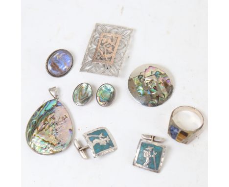 Various silver jewellery, including Mexican stone set ring, South American cufflinks etc 