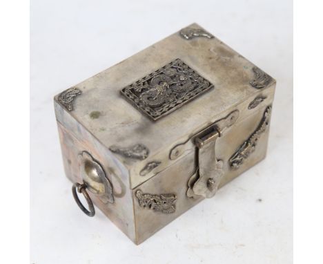 A Chinese unmarked white metal miniature casket, dragon and phoenix decoration, with ring handles, width 10.5cm 