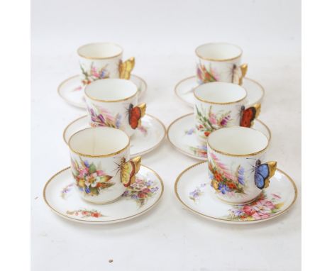 A set of 6 Royal Worcester Aesthetic Movement butterfly teacups and saucers, hand painted and gilded floral decoration, with 