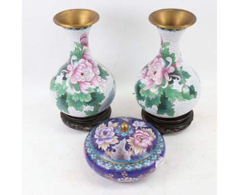 3 pieces of Japanese cloisonne enamel, including a pair of vases and stands, overall height 24cm (3) 