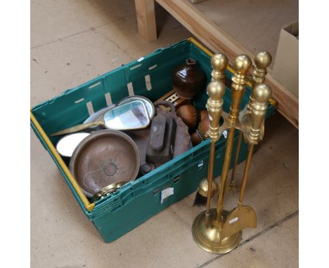 Various metalware and carved wood items, including printing wood block, Art Deco dressing table set, fireside tools etc (boxf