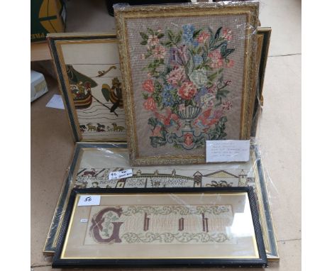 A pair of coloured prints on canvas, The Bayeux Tapestry, 55cm x 82cm, and 2 other needlework embroideries, framed (4) 