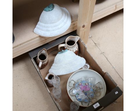 Various ceramics and glass, including 3 graduated French Studio pottery jugs, frosted glass light fittings etc 