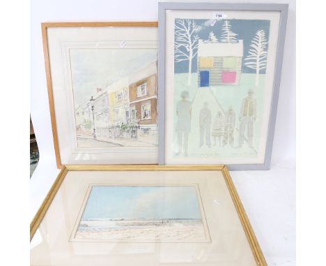 A group of watercolours and prints, including H E Kuckein, pencil signed screen print (5) 
