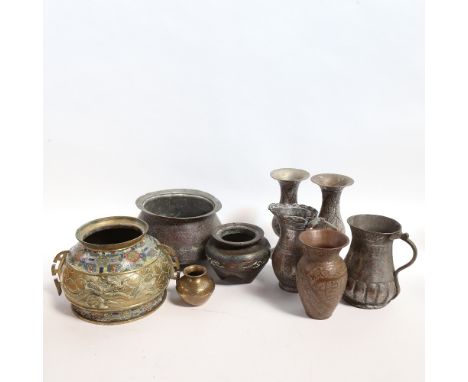 A large Chinese brass and cloisonne enamel censer, another smaller tripod censer, Middle Eastern brass etc (boxful) 