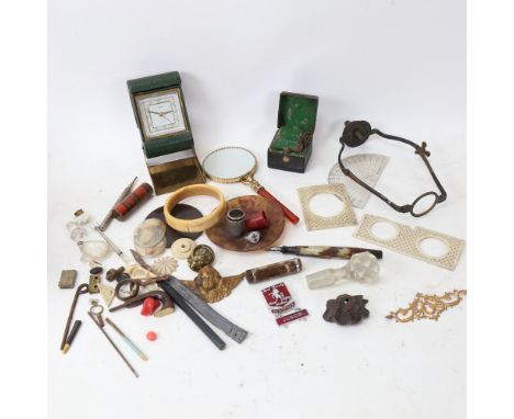 Various collectables, including leather-cased travelling inkwell, tartan needlecase, silver tortoise shell pique inlaid panel