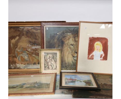 Watercolour, figure by a wear?, unsigned, image 35cm x 49cm, and 2 other prints, framed (3) 