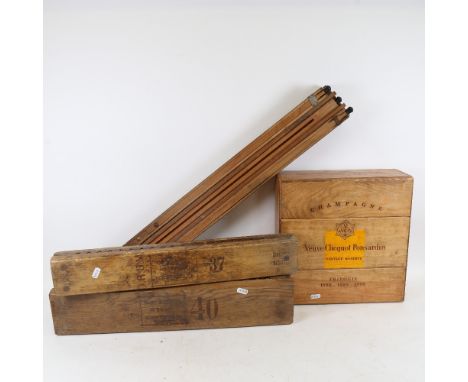 A Vintage folding artist's easel, 2 cigar presses, and an empty Champagne box (4) 