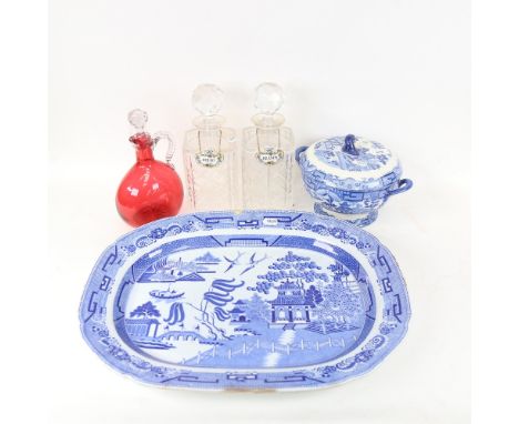 2 square cut-glass decanters, unmarked, a ruby glass decanter, and 2 pieces of Willow pattern blue and white, meat plate leng