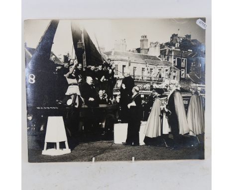 A Vintage large scale original photograph, Churchill visiting Hastings East Sussex, 30.5cm x 38cm 