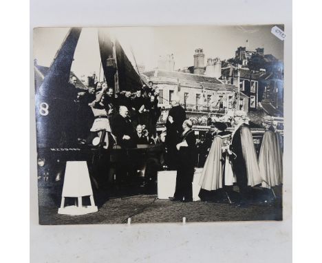 A Vintage large scale original photograph, Churchill visiting Hastings East Sussex, 30.5cm x 38cm 