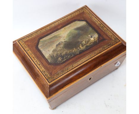 A 19th century rosewood sewing work box, with coloured print inset lid and penwork border, W22cnm, H11cm, D17cm