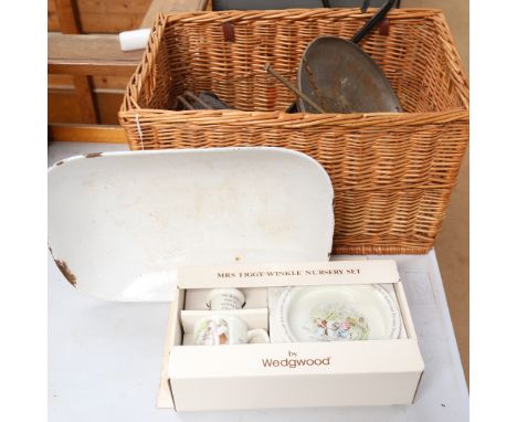 A large wall-hanging cast-iron balance scale set, with white enamel pan, Mrs Tiggy-Winkle Nursery set by Wedgwood etc 