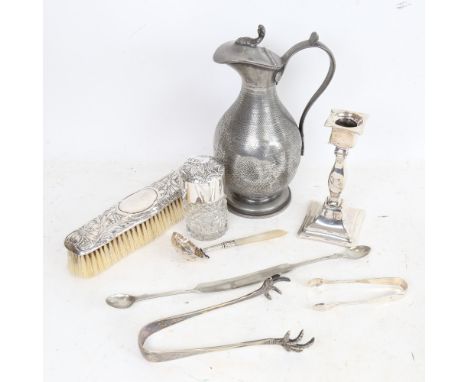 Various silver, plate and pewter, including dressing table jar, clothes brush, candlestick etc 