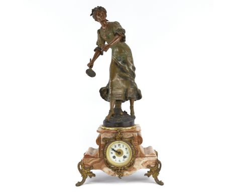 A French coloured marble-cased mantel clock, circa 1910, surmounted by a figure of a lady tennis player, after Louis Moreau, 