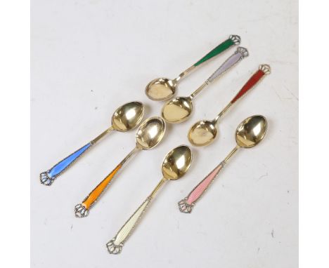 A set of 7 Scandinavian vermeil sterling silver and harlequin enamel coffee spoons 