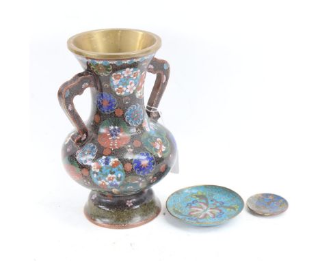 A group of Chinese cloisonne enamel items, including black ground baluster vase, height 22cm (3) 