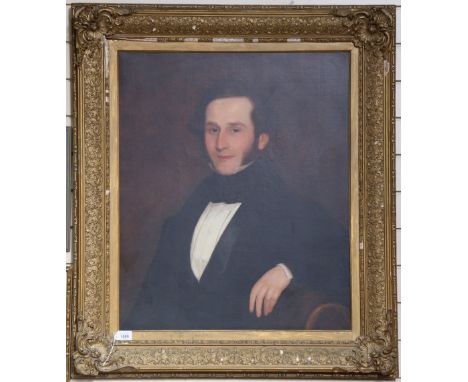 19th century oil on canvas, half length portrait of a gentleman, unsigned, original gesso frame, overall frame dimensions 98c