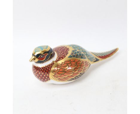 A Royal Crown Derby woodland pheasant paperweight ornament, gold button, length 17cm 