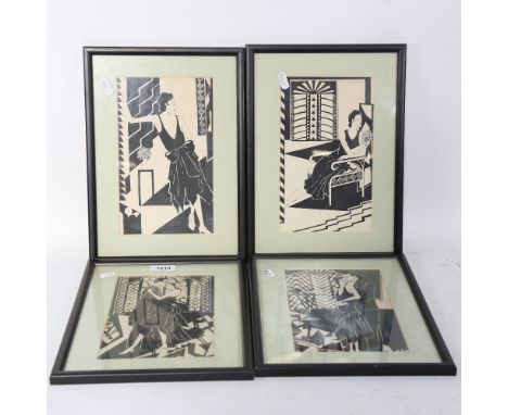 A set of 4 Art Deco woodblock prints, fashion studies, unsigned, image 24cm x 14cm (4) 