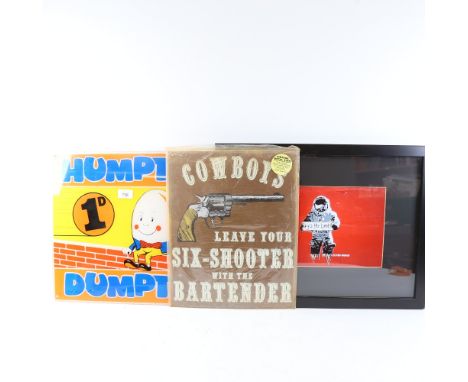 A Vintage Humpty Dumpty advertising sign, a Vintage metal sign, and an Elmo Hood print (3) 