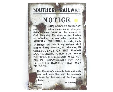 A vintage white enamel "Southern Railway Notice" sign, width 30cm, height 45cm. 