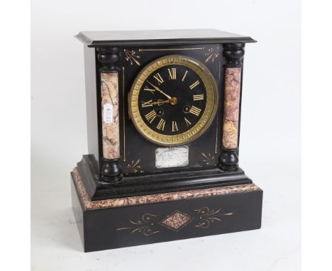 RAILWAY INTEREST - a 19th century slate and pink veined marble 8-day architectural mantel clock, with unmarked white metal pr