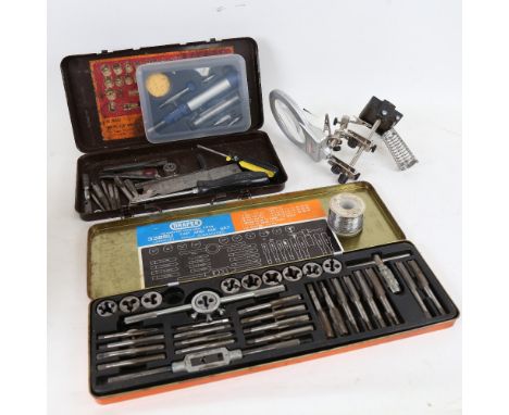 Various tools, including micro soldering torch kit, desk-top Powerfix magnifying glass, Draper 33-piece tap and die set etc 