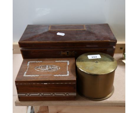 A Victorian rosewood tea caddy, trench art cannon shell box, and a Middle Eastern bone inlaid box (3) 