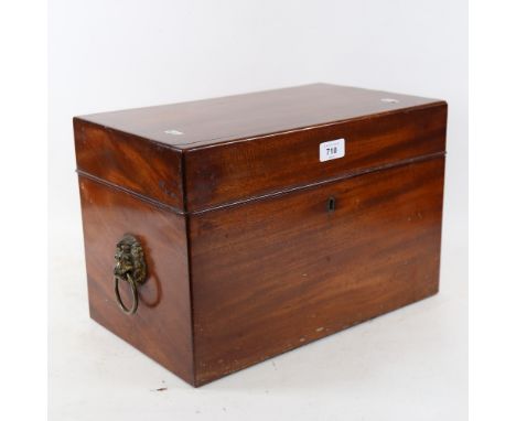 A 19th century mahogany sewing box, with lion ring handles, W40cm, H27cm, D24cm 