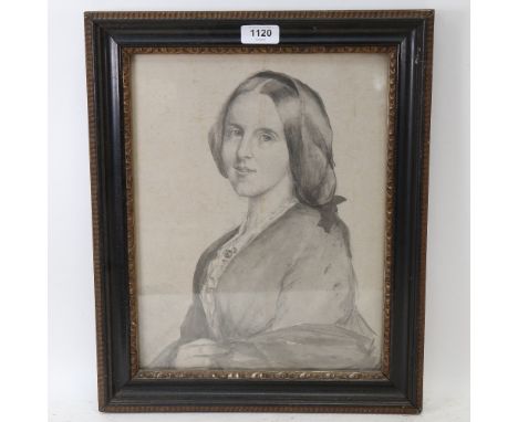Monochrome watercolour, portrait of Augusta Whistler of Battle, unsigned, framed, overall frame dimensions 42cm x 35cm 