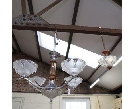 A French Art Deco frosted Ezan glass icicle 4-branch chandelier, by Henri Petitot, branch length 23cm, chandelier length 80cm